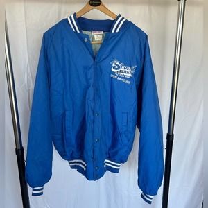 Vintage Men’s Blue Nylon Super Wash Car Wash Bomber Jacket Size 2XL